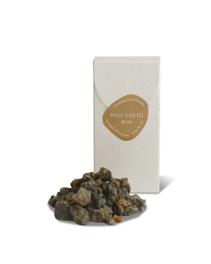 Palo Santo resin with a packaging box on a white background