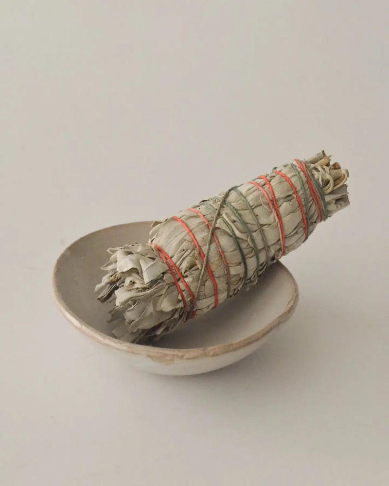 Bundled sage on a ceramic dish against a plain background