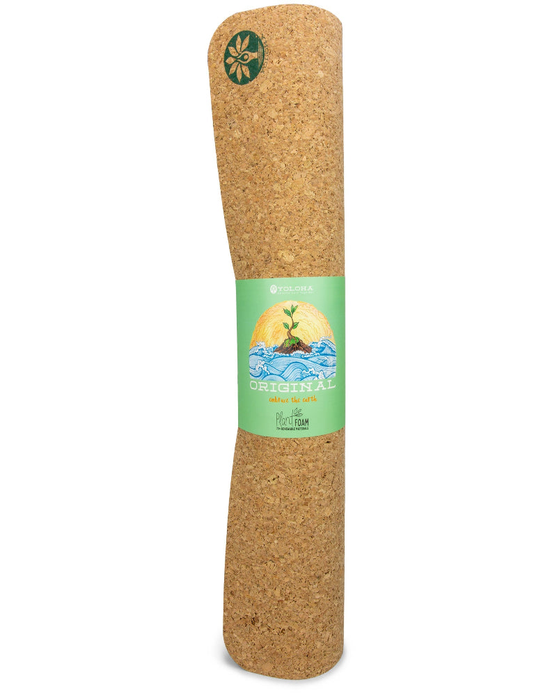 Cork yoga mat with a green label on a white background