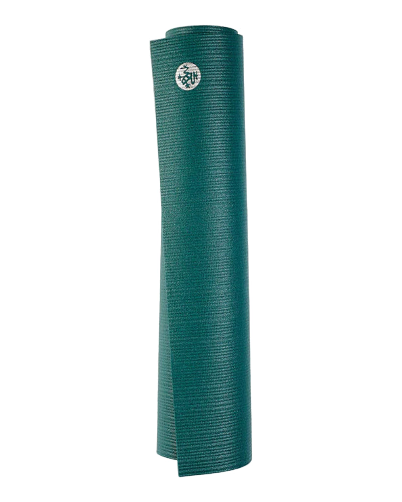 Green yoga mat with a logo on a white background