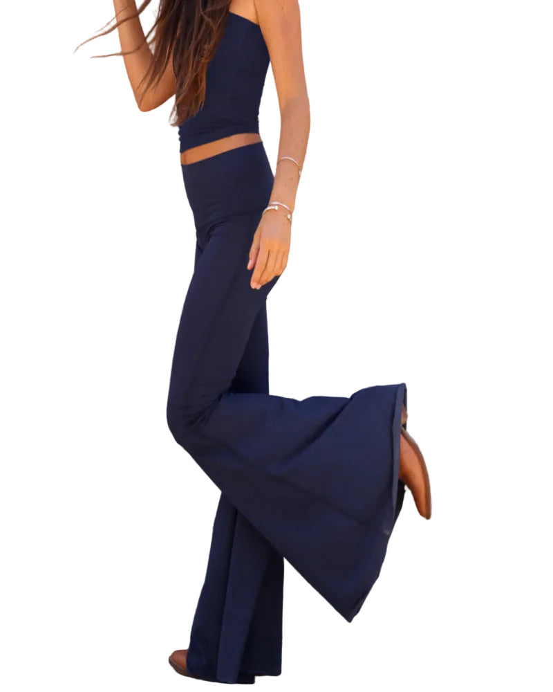 Teeki women's high-waisted long bell bottom pants in brushed jersey vintage flare