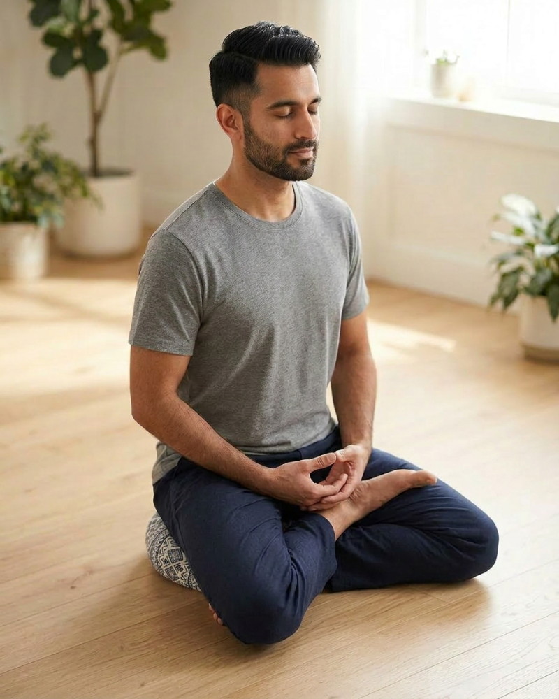 A man meditating in a bright, modern room with wooden floors and potted plants, wearing a gray t-shirt and navy blue pants.