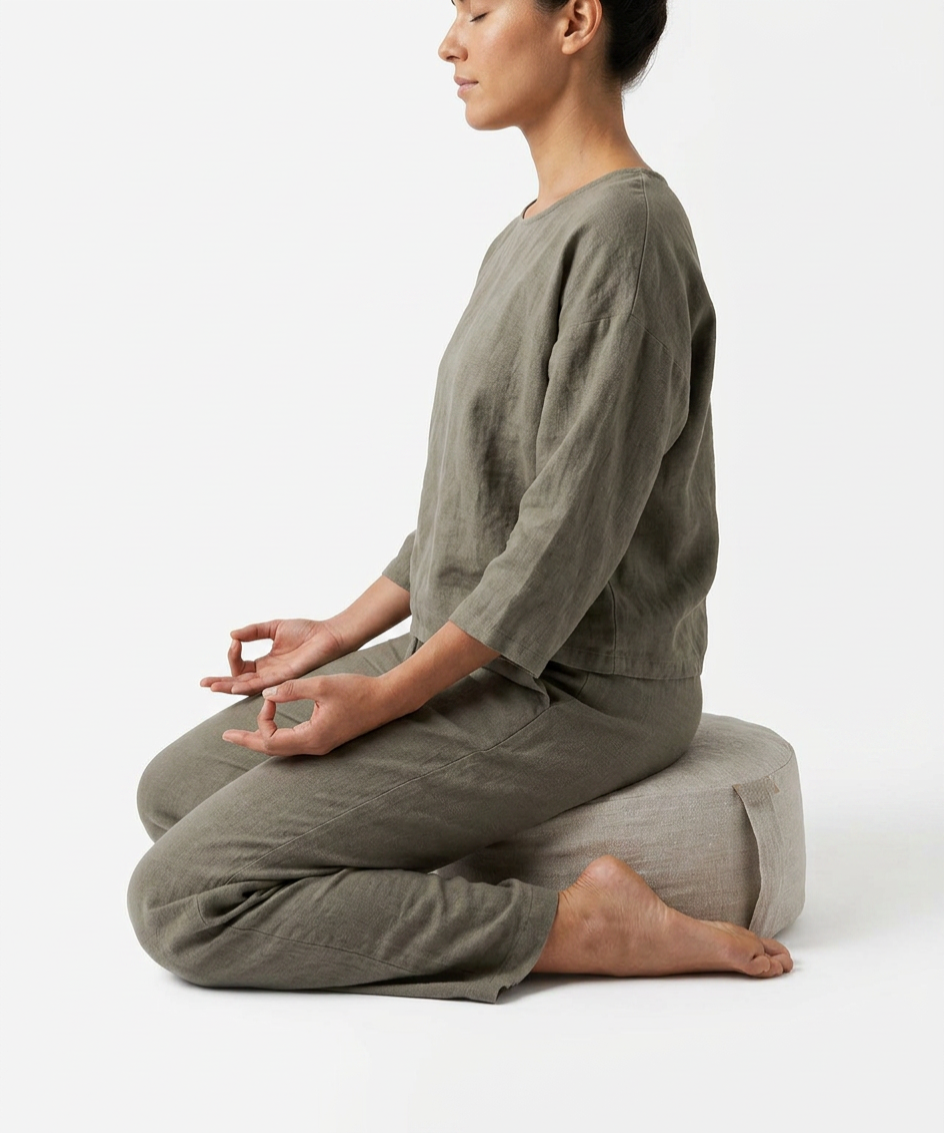 Person sitting cross-legged on a yoga bolster with a neutral background