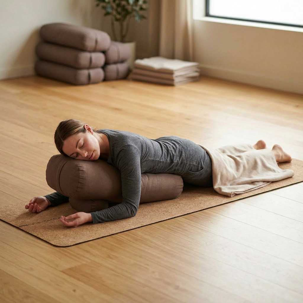 Woman lying on a yoga mat with cylindrical pillows in a serene room.
