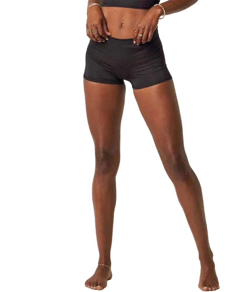 Person wearing black athletic shorts on a white background