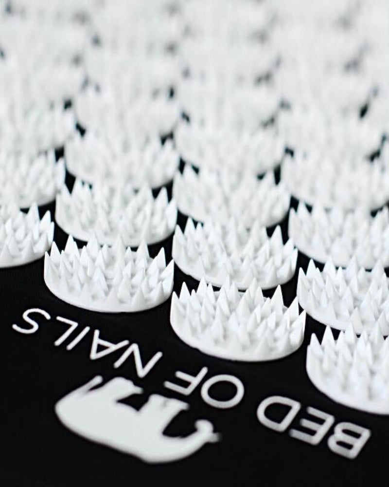 White spiked objects on a black surface with 'Bed of Nails' text.