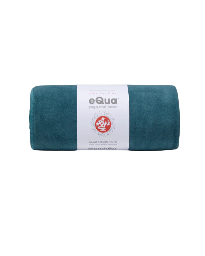 Teal yoga mat towel with eQua label on a white background