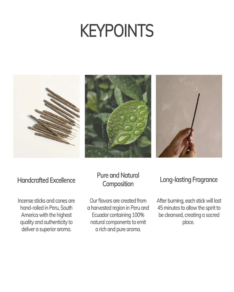 Promotional image of incense sticks and cones with text highlighting key points.