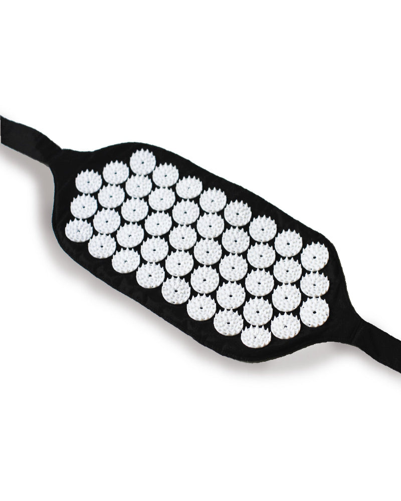 Black headband with white acupressure nodes on a white background