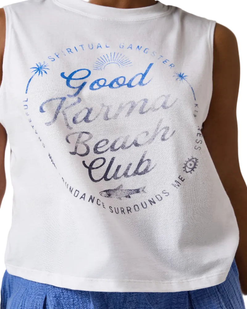White sleeveless shirt with 'Good Karma Beach Club' text and graphics on a plain background