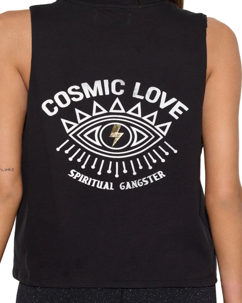 Black sleeveless shirt with 'Cosmic Love' and 'Spiritual Gangster' design on the back