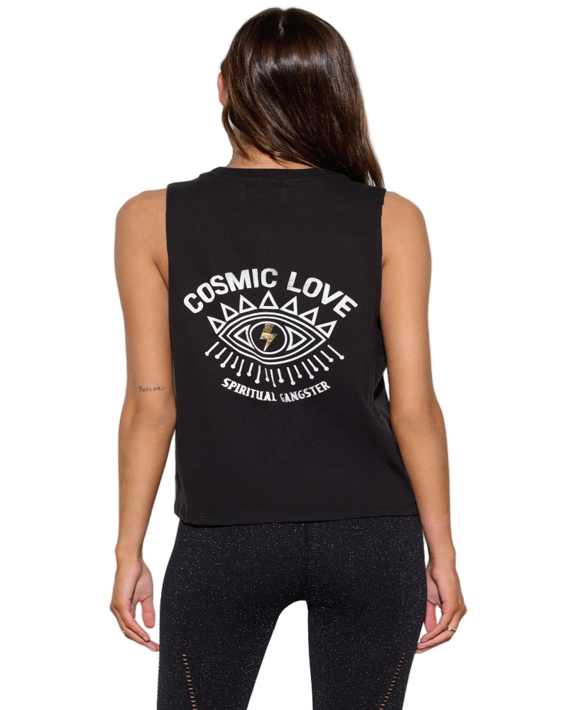 Person wearing a black sleeveless shirt with 'Cosmic Love' design on the back against a white background
