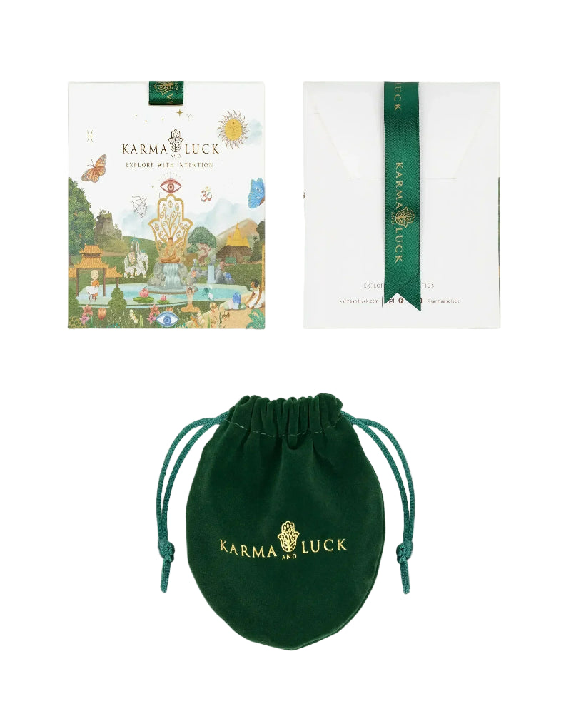 Green drawstring pouch with 'Karma Luck' branding on a white background