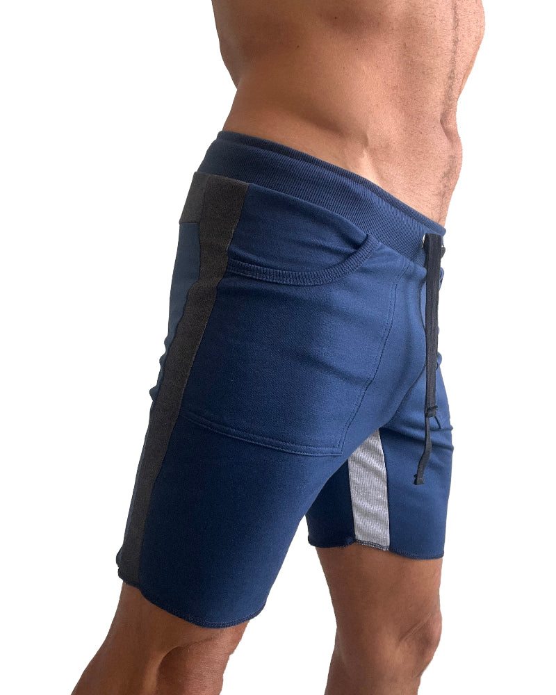 Blue athletic shorts with black accents on a white background