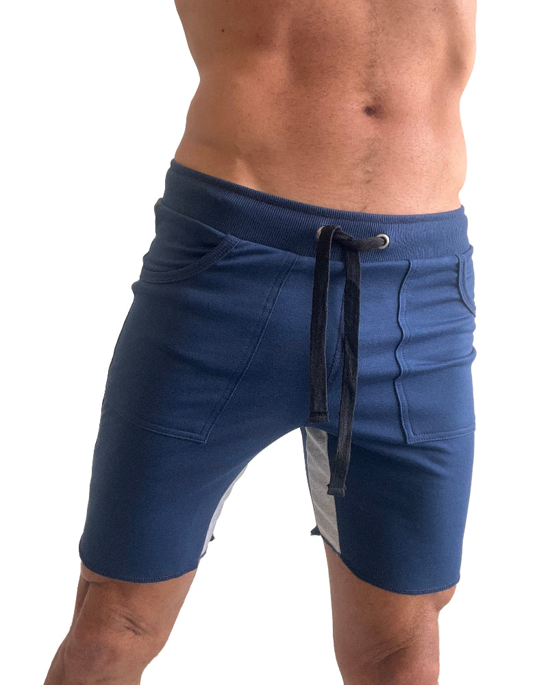 Blue shorts with a drawstring on a white background