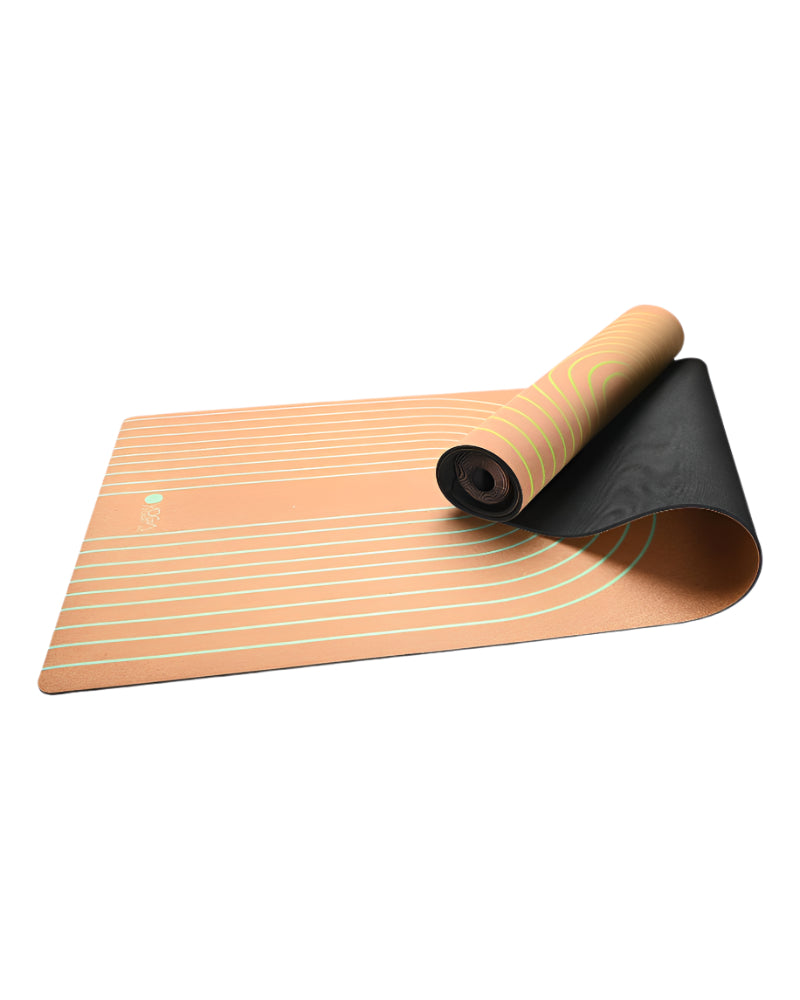 Yoga mat with a black and beige design on a light gray background