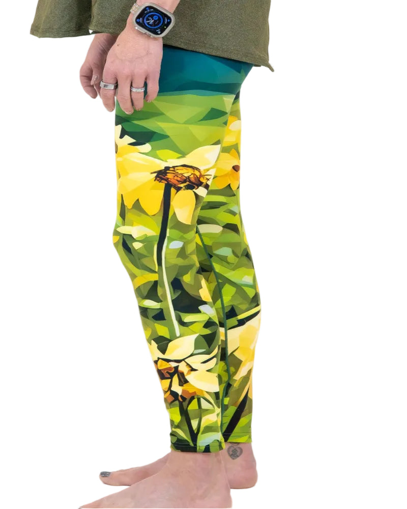 Leggings with a floral design worn by a person on a white background