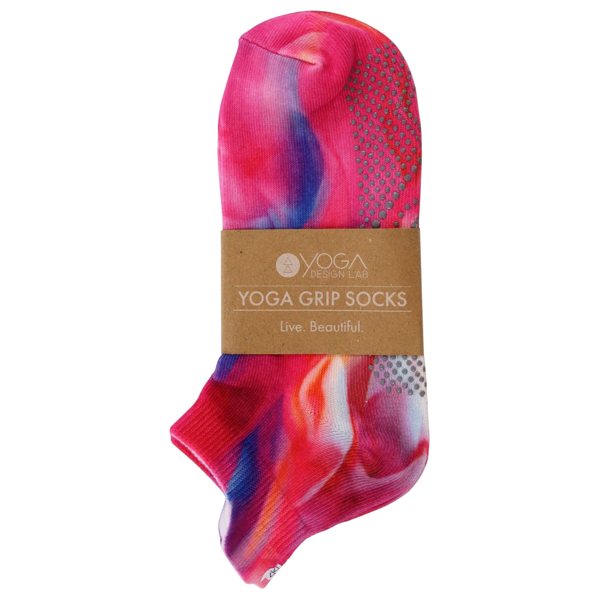 Yoga grip sock with colorful design and 'Yoga' brand label on a white background