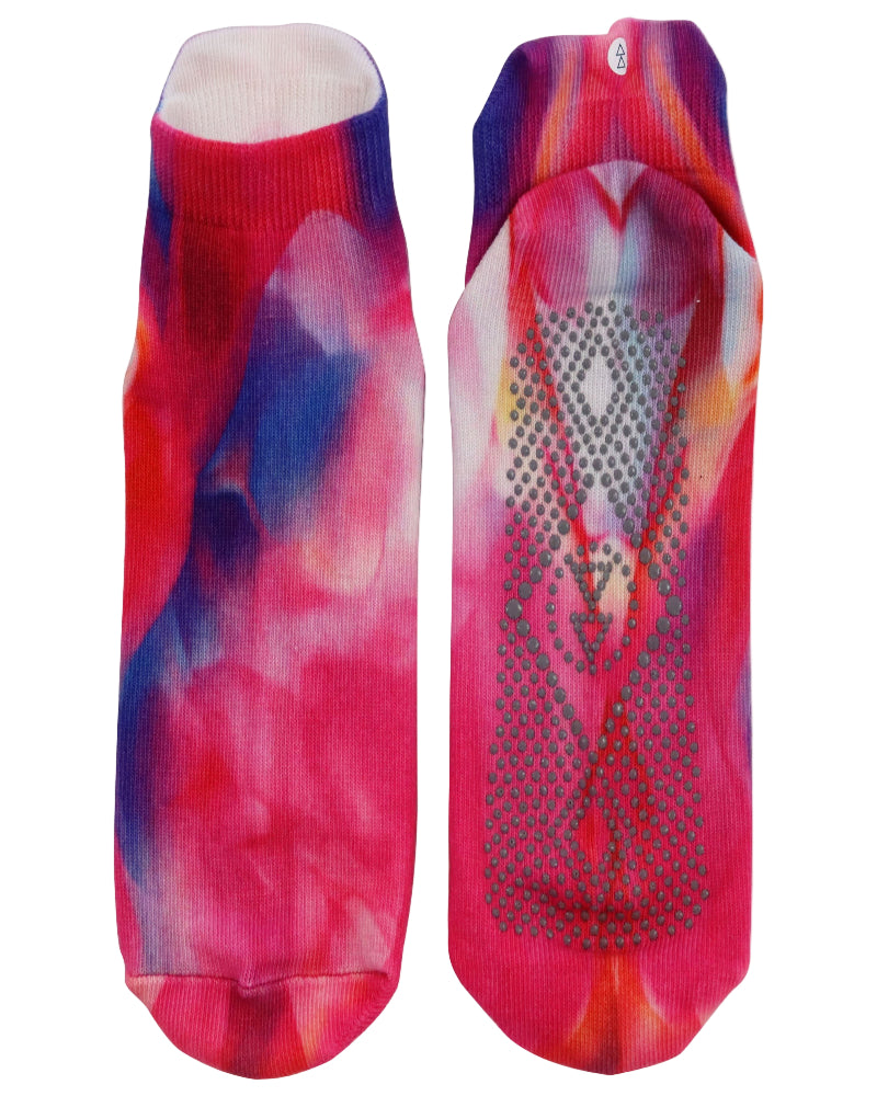 Colorful grip socks with a patterned sole on a white background