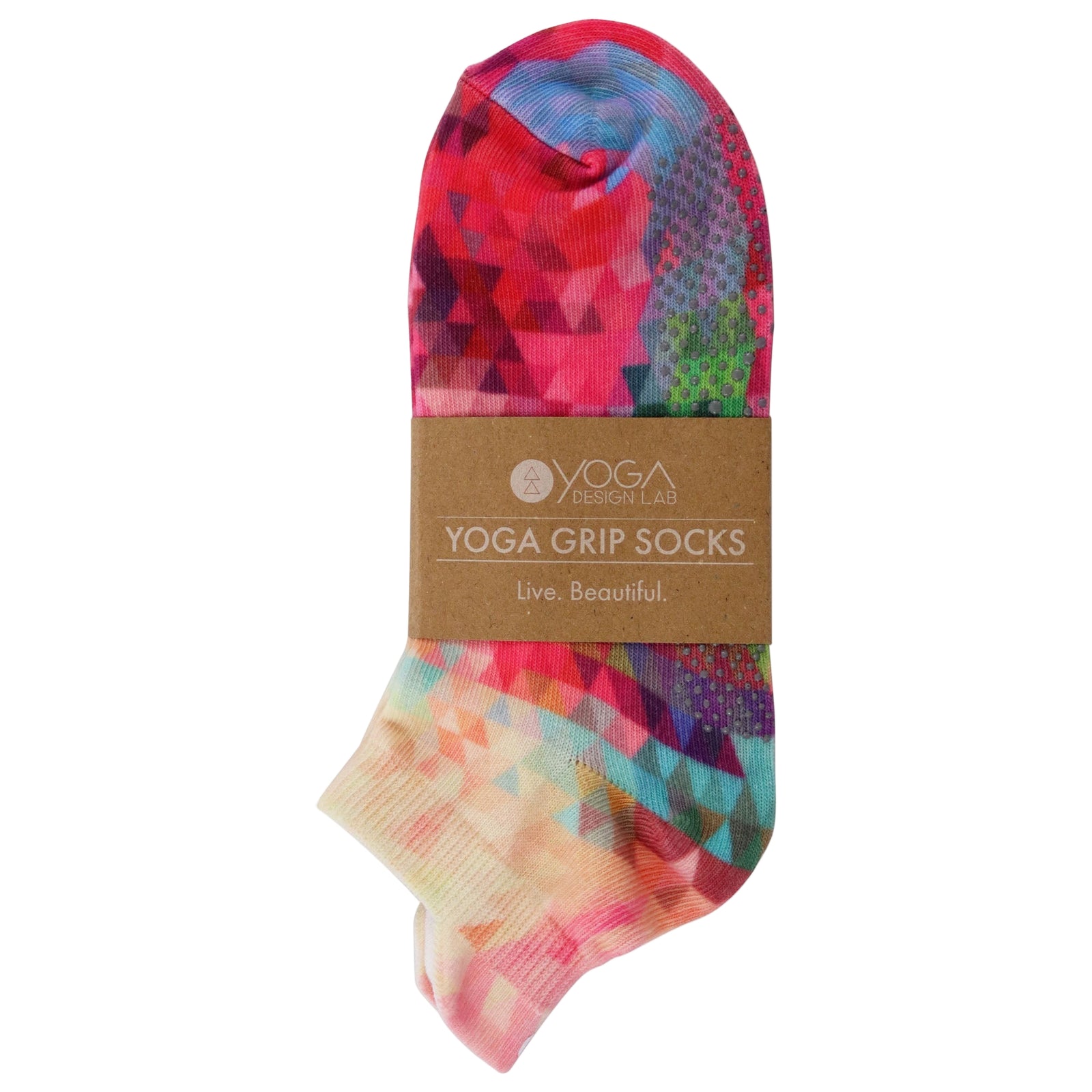 Colorful yoga grip socks with a branded label on a white background
