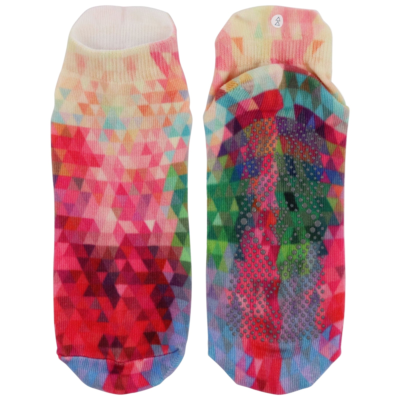 Colorful geometric patterned socks on a white background