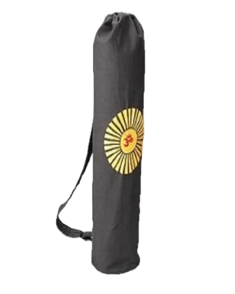 Gray yoga mat bag with a yellow OM symbol on a white background
