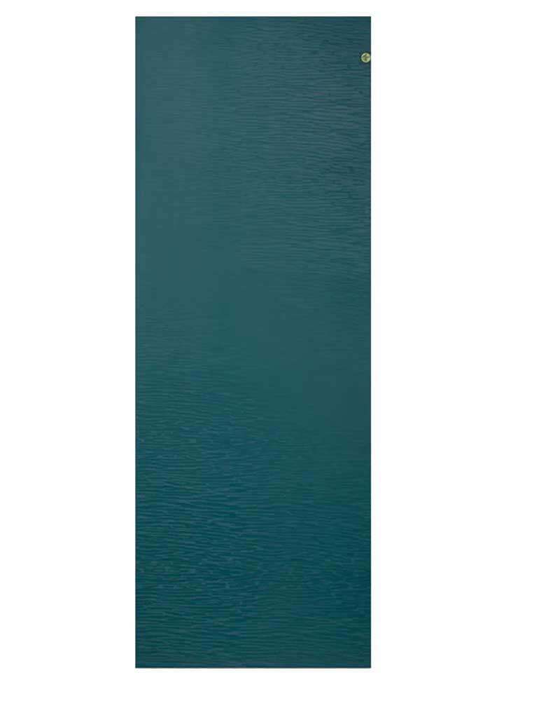 Teal yoga mat with a brand logo on a white background