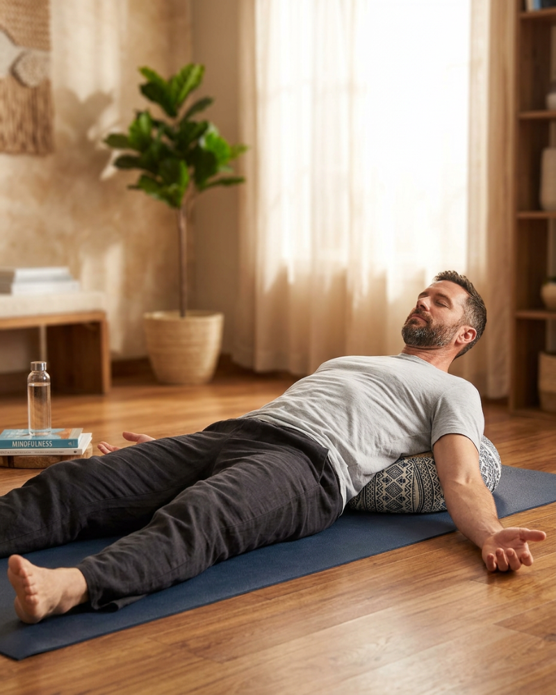 A man lies on a blue yoga mat in a sunlit room, resting on a patterned lumbar pillow. He wears a light gray t-shirt and dark gray pants.