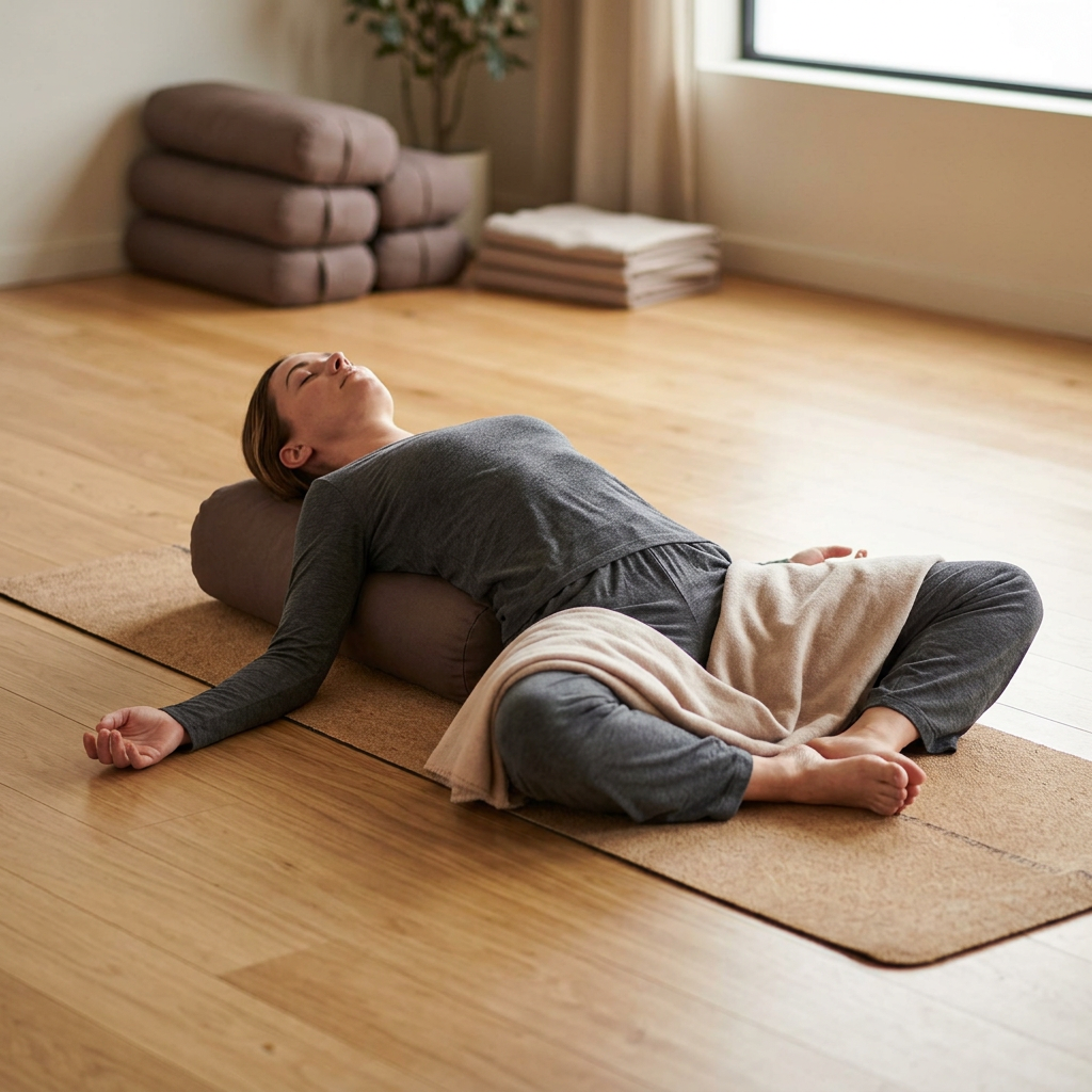 Person lying on a yoga bolster in a serene room with wooden floor and neutral decor.