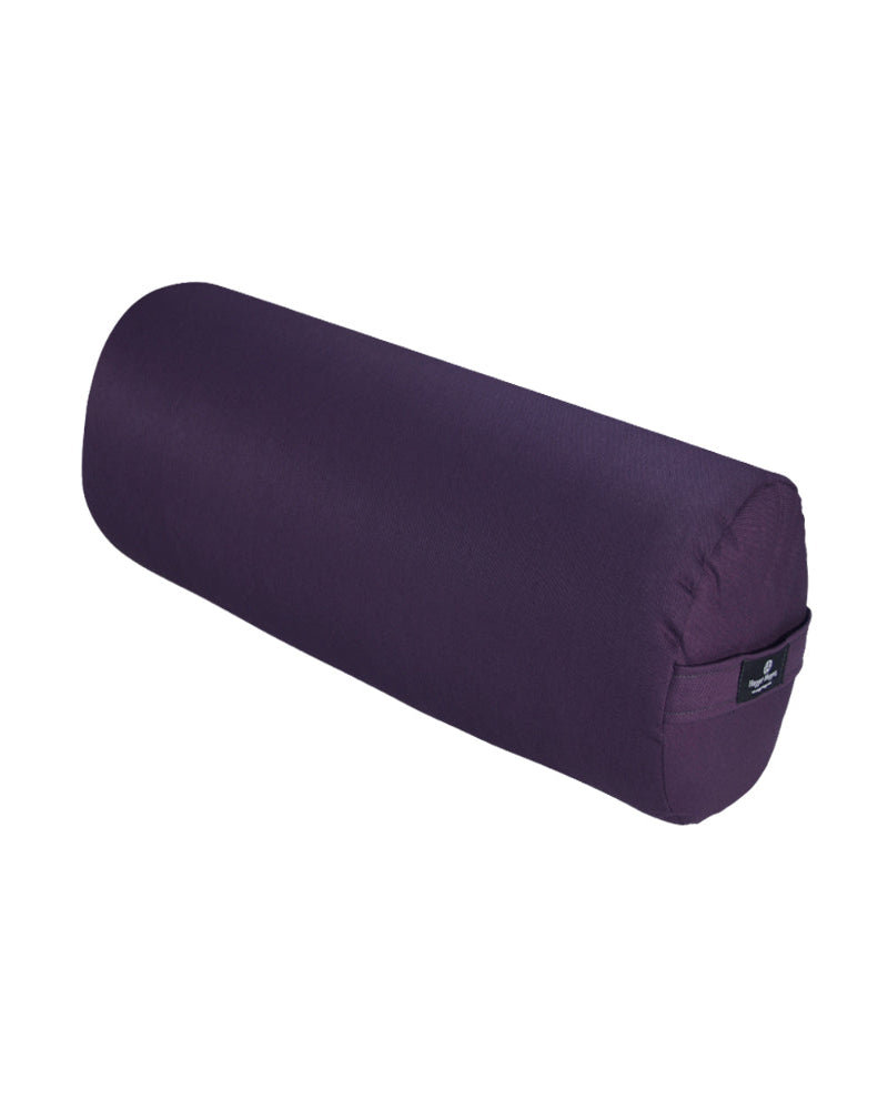 Purple yoga bolster with a brand label on a white background