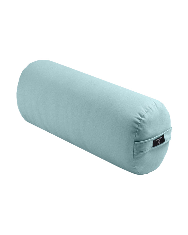 Light blue cylindrical pillow on a white background