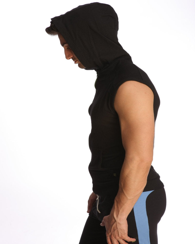 Person wearing a black sleeveless hoodie with a blue stripe on a white background