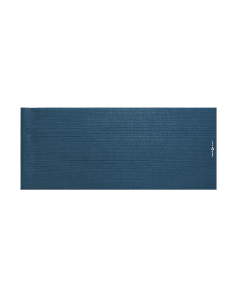 Navy blue yoga mat with a brand logo on a white background