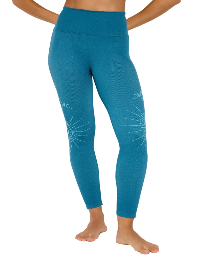 Close up of Spiritual Gangster seamless jacquard lunar legging fabric and ribbed waistband