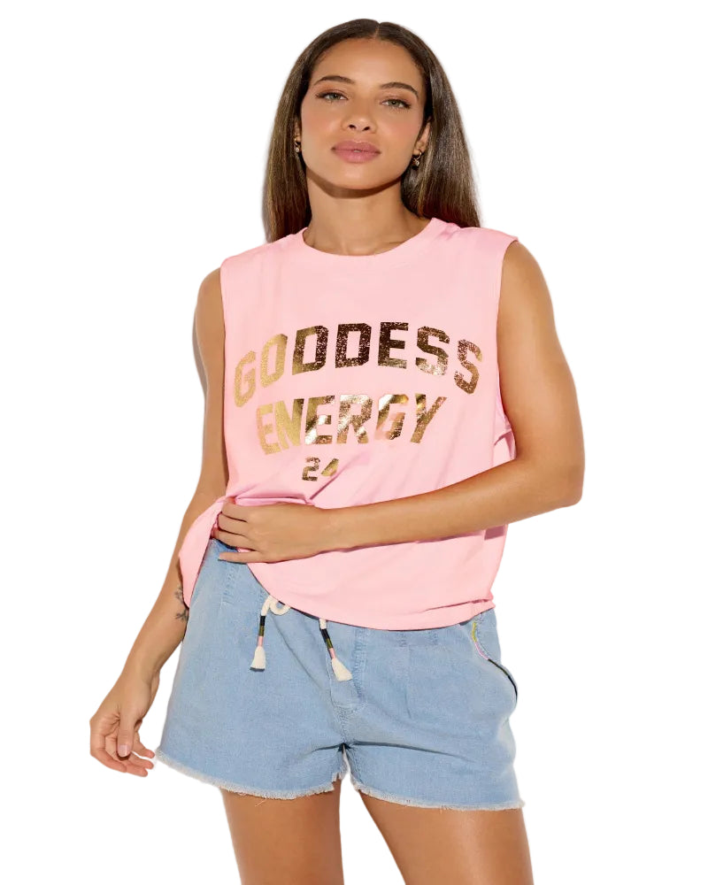 Spiritual Gangster Goddess Vibe Tank with gold foil graphic in relaxed fit crew neck style