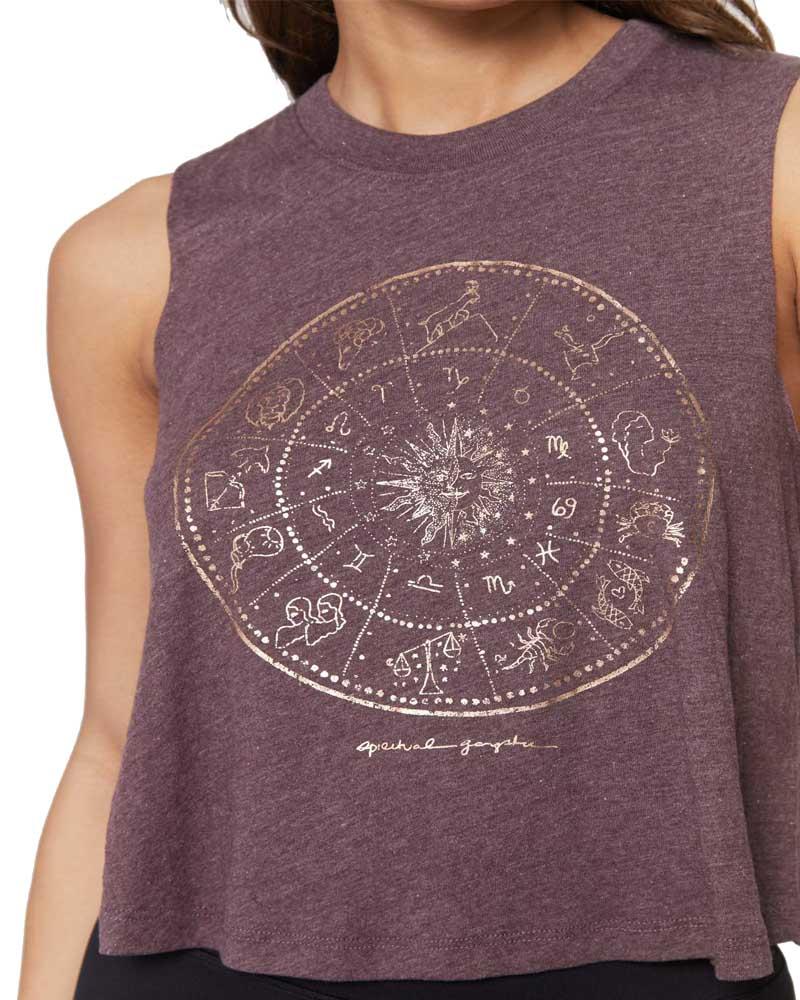 Spiritual Gangster Heather Blackberry & Gold Foil Zodiac Crop Tank - Mukha Yoga